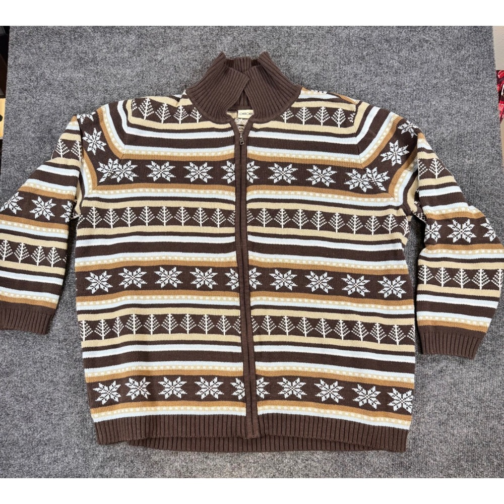 Vintage Cherokee Sweater Full Zip Nordic Fair Isle Brown Snowflake Cardigan